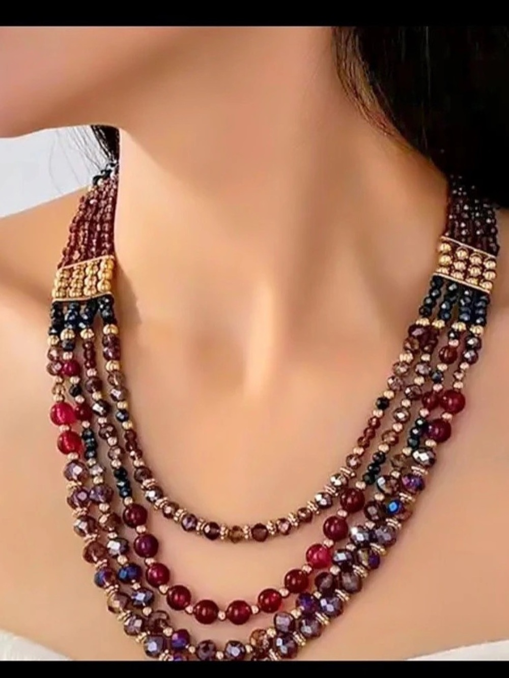 Layered Beaded Statement Necklace in Red & Purple